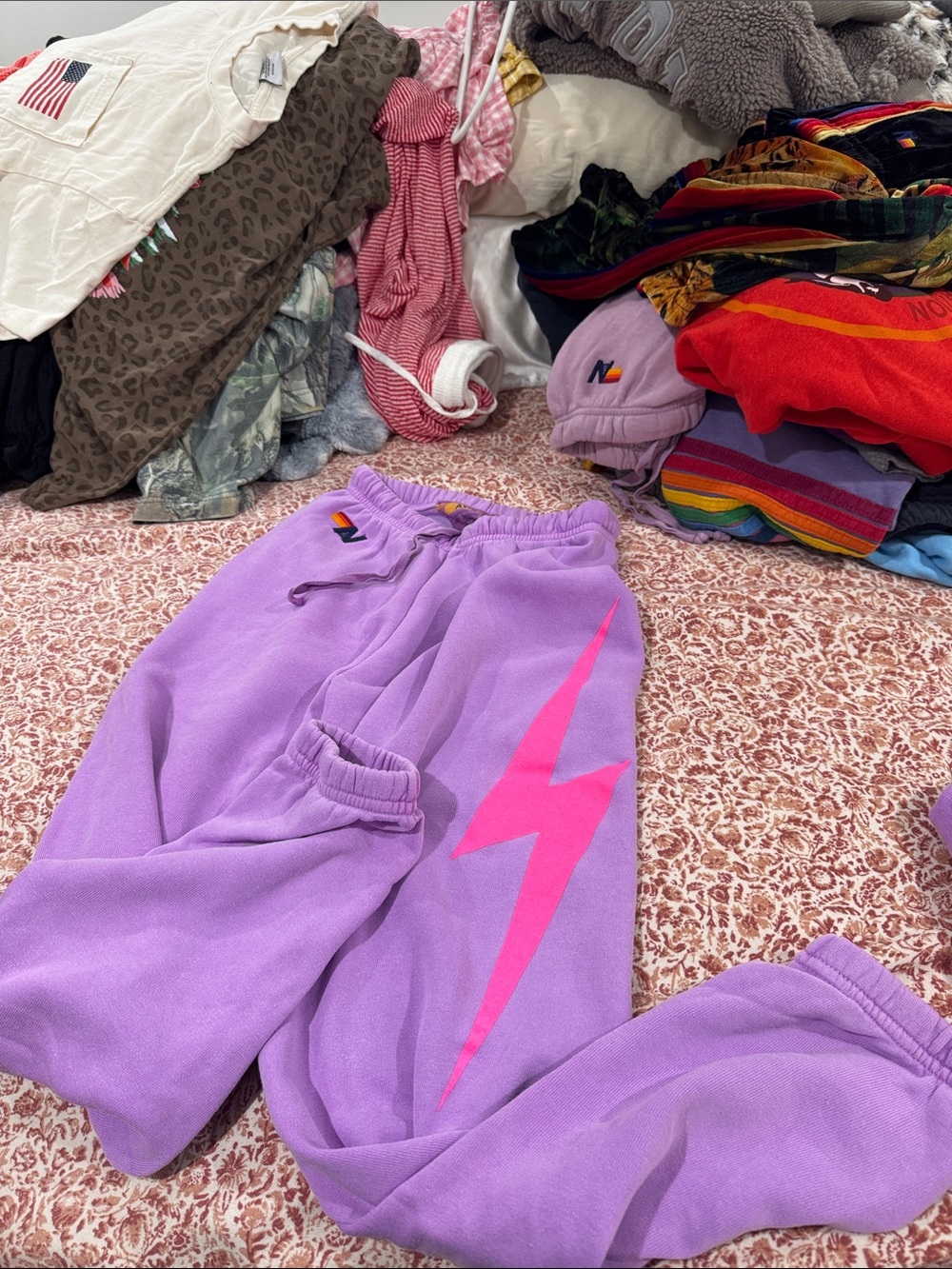 Aviator nation purple joggers with pink neon bolt
